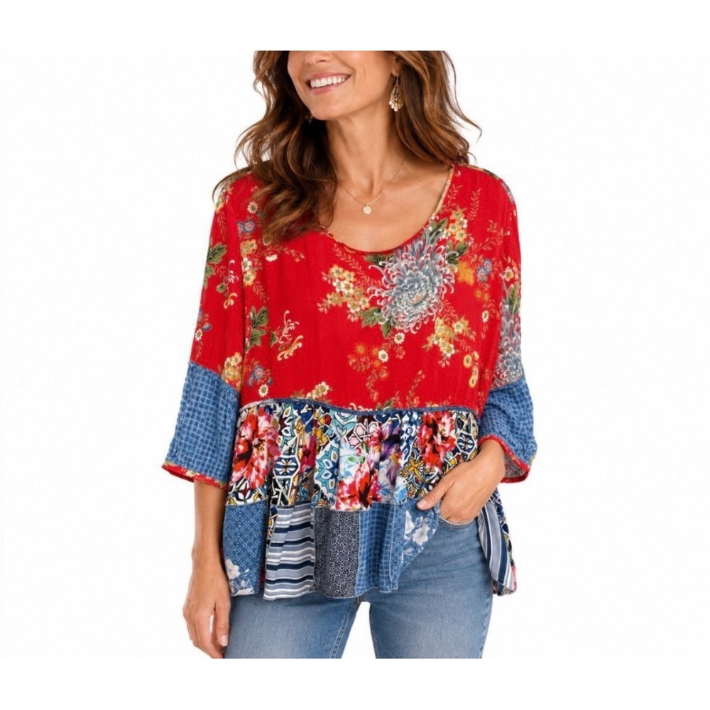 John Mark Floral Patchwork Babydoll Blouse Petite Large Mixed Print Top Shirt